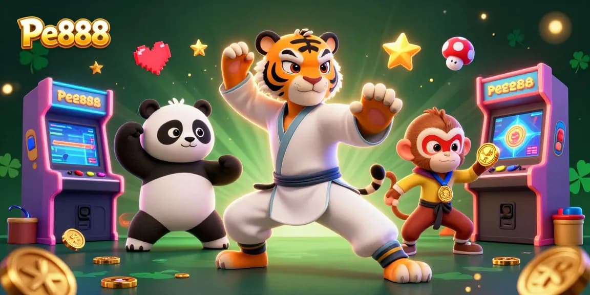 Engage in thrilling gameplay on Pe888 with a kung fu tiger master and playful characters.