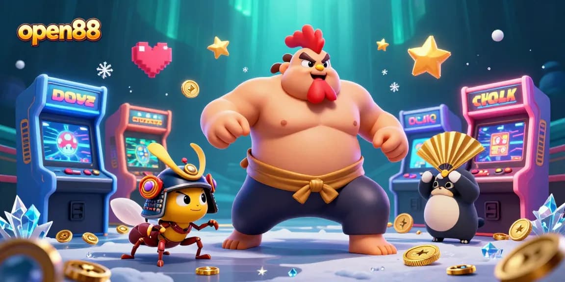 Experience dynamic gameplay with open88, featuring a powerful rooster and samurai cricket in an arcade-like casino setting.