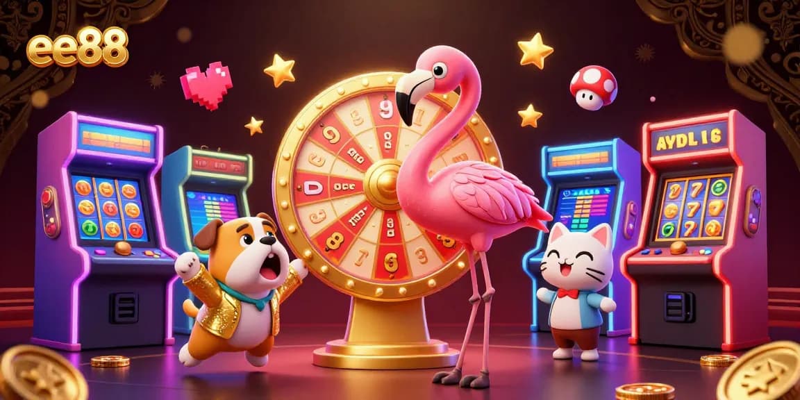 Win big with ee88 in a vibrant 3D casino-themed illustration featuring engaging game characters.