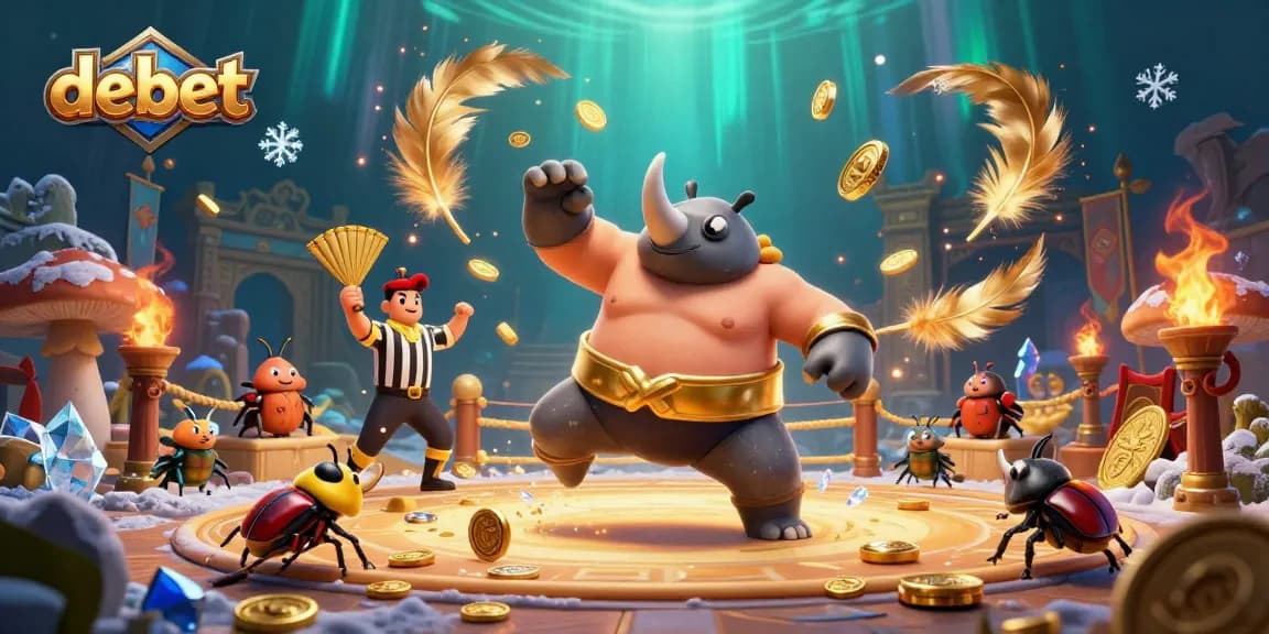 Engage with debet sports betting action featuring a sumo beetle champion amidst gold coins and vibrant casino atmosphere.