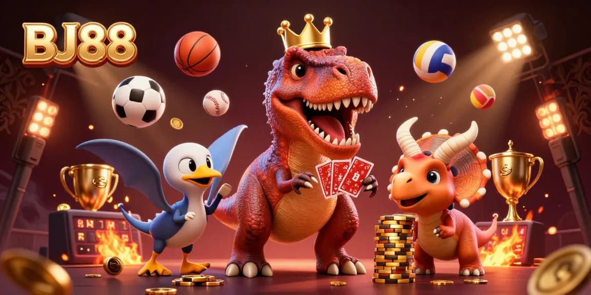 BJ88 showcases exciting gameplay with a T-Rex shuffling cards, highlighting vibrant casino energy.