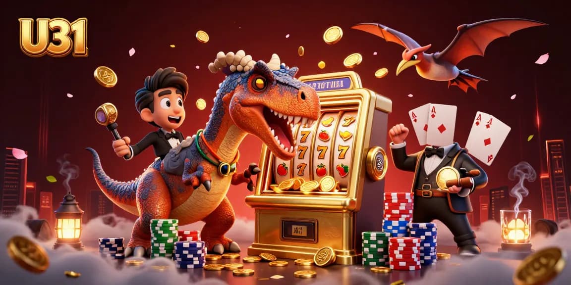 U31 players engage with a jackpot-winning slot machine amid a lively casino scene filled with vibrant elements.