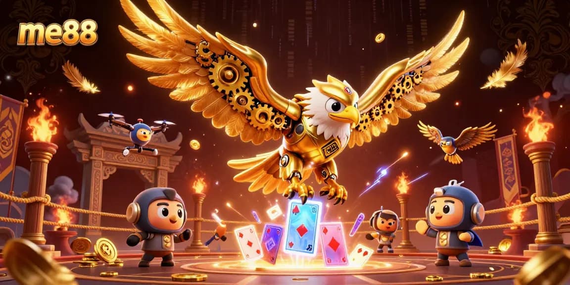 Experience thrilling action at me88 with a golden eagle amidst holographic playing cards and vibrant casino elements.