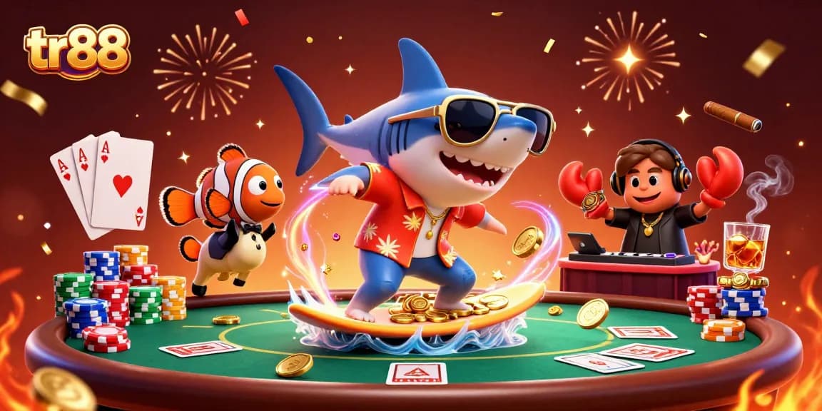 Experience the excitement of tr88 casino with a dynamic 3D scene featuring playful underwater characters amidst poker elements and gold coins.