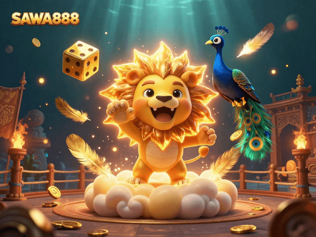 Experience the thrill of SAWA888 with a lively 3D scene filled with golden dice and vibrant animations.