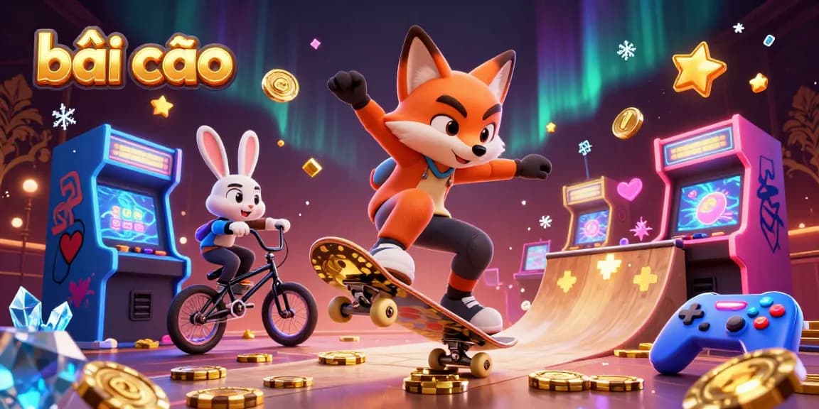 Bài cào game scene featuring skateboarder fox and BMX rabbit amid casino symbols.