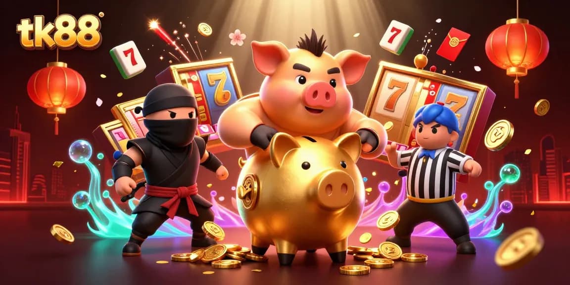 tk88 players enjoy vibrant casino action with golden piggy banks and dynamic characters