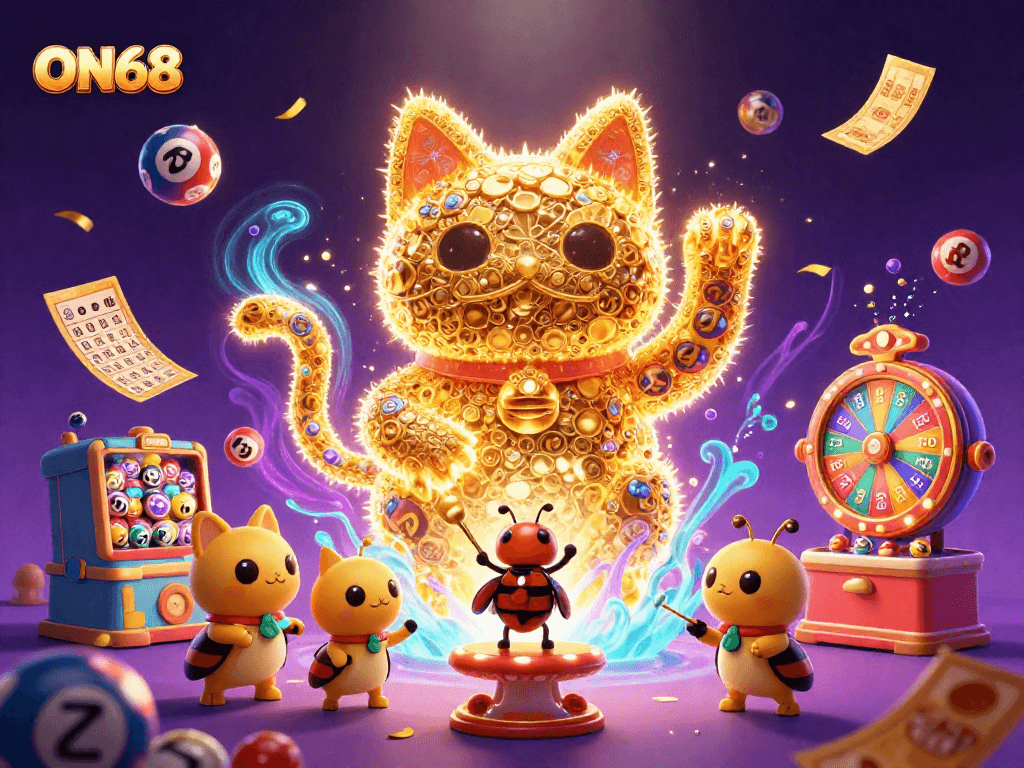 Experience ON68's vibrant charms with a dynamic artistic depiction of winning lotto symbols and lucky characters.