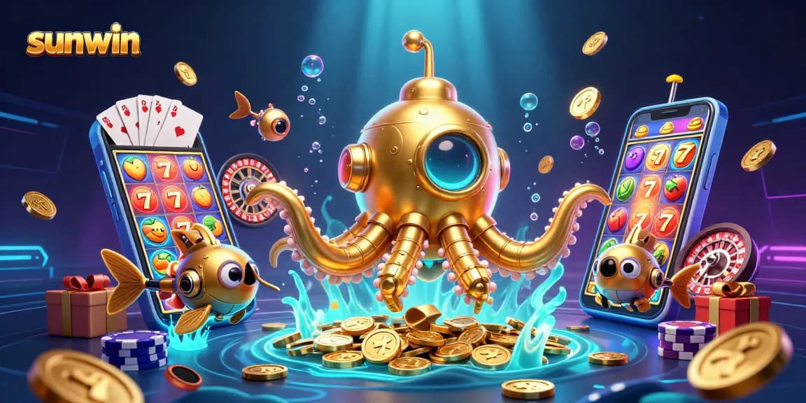 Spin to win with sunwin – a vibrant 3D gaming illustration featuring slot games, poker, and more!