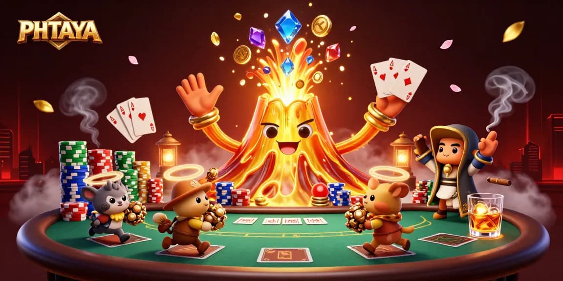PHTAYA's golden volcano erupts with treasures, enhancing the thrilling gaming experience in a vibrant casino scene.
