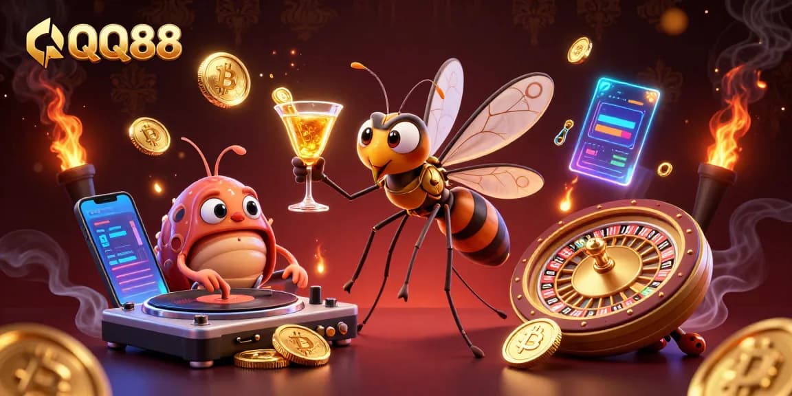 Experience thrilling gaming with QQ88's unique casino mascot and dynamic elements.