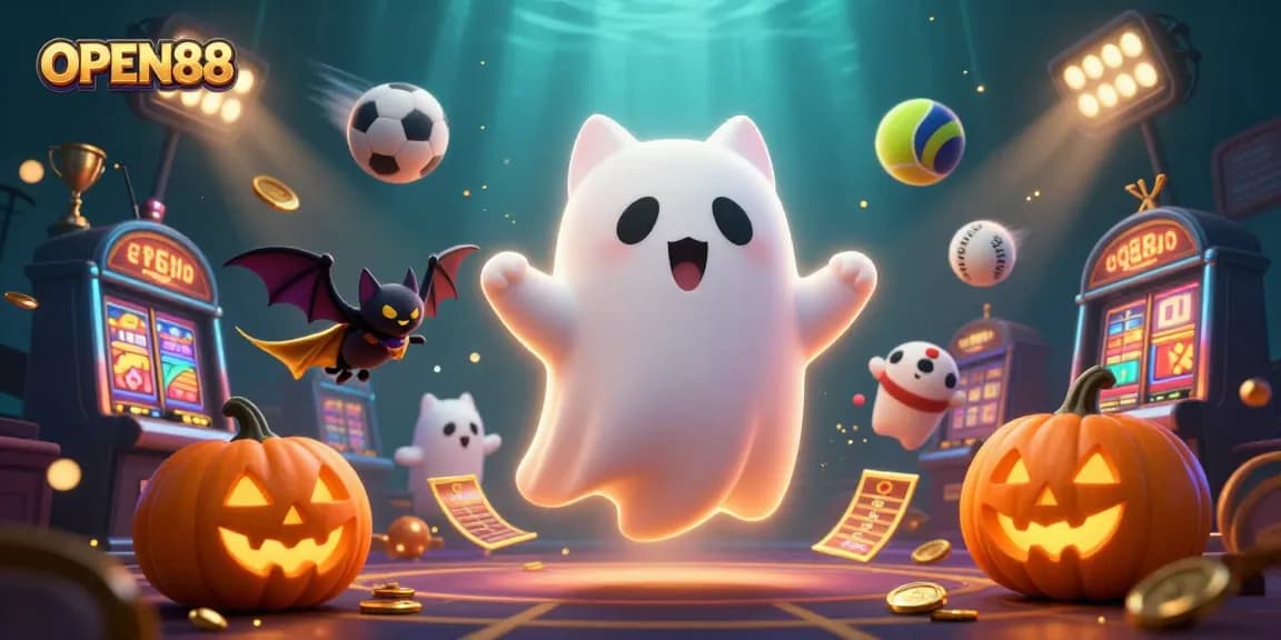 Engage in thrilling games at OPEN88 with a vibrant 3D ghost cat and bat in a haunted casino.