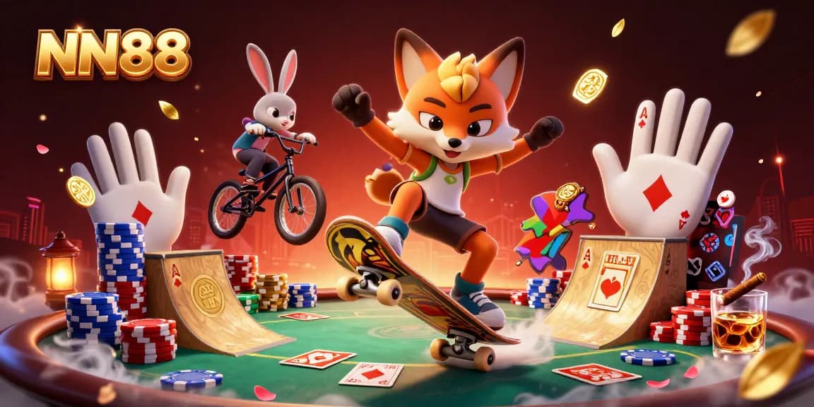 Experience thrilling gameplay with NN88, featuring a vibrant scene of a skateboarder fox and BMX rabbit in a casino.