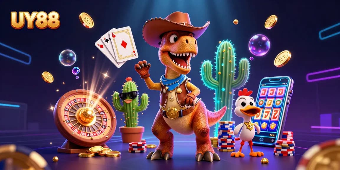 Experience thrilling gaming adventures with UY88's vibrant casino illustration featuring exciting characters and action.