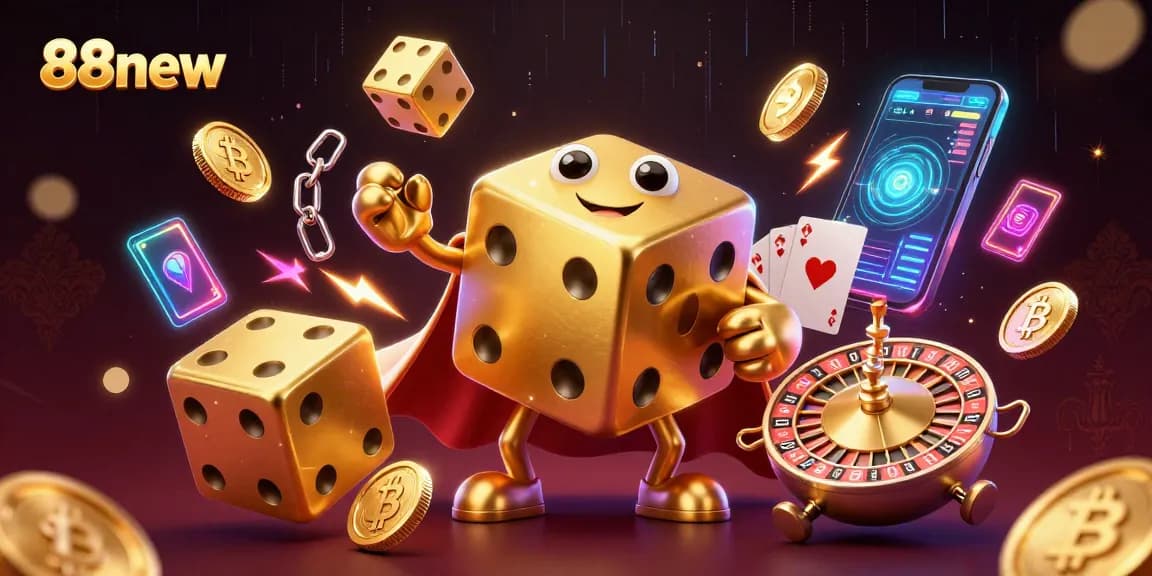 Experience thrilling gaming with 88new's vibrant 3D casino scene featuring playful golden dice and crypto elements.