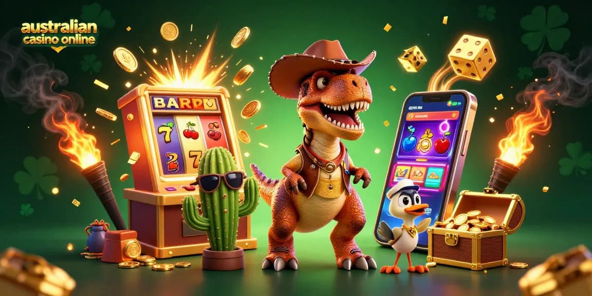 Experience excitement at Australian casino online with a lively T-Rex and friends gaming adventure.