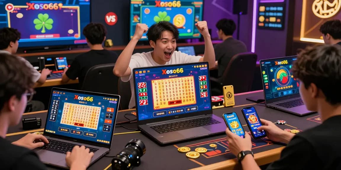Xoso66 online gaming scene with players celebrating wins on various devices in a vibrant atmosphere.