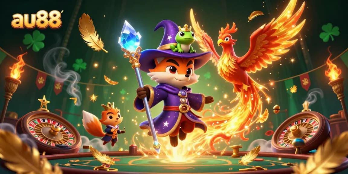 Experience thrilling gameplay at au88, showcasing a mystical fox wizard, phoenix, and vibrant casino elements.