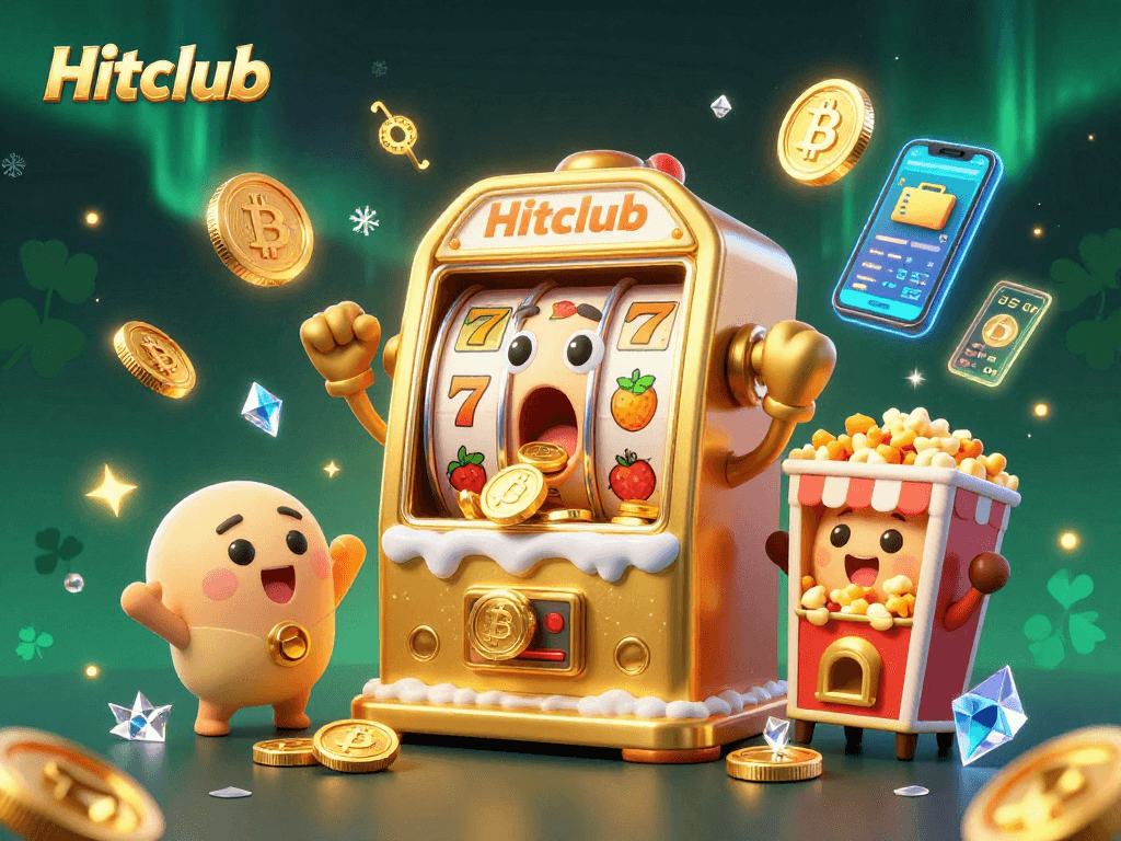 Hitclub's dynamic jackpot scene with animated slot machines and crypto coins, celebrating wins!