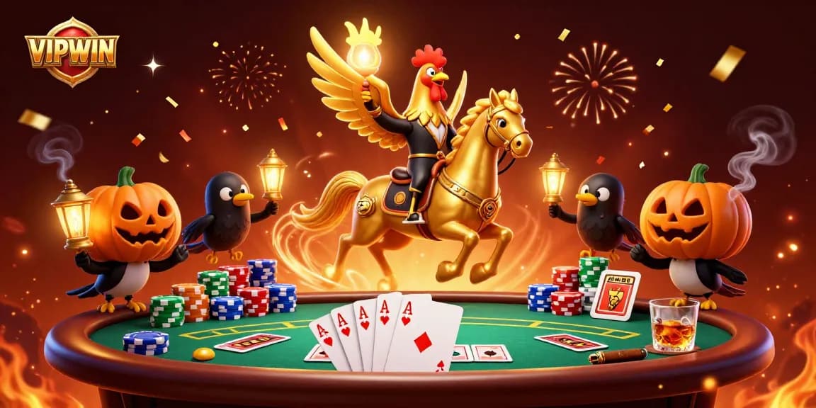 Experience VIPWIN's thrilling casino adventure with golden rooster and festive elements.
