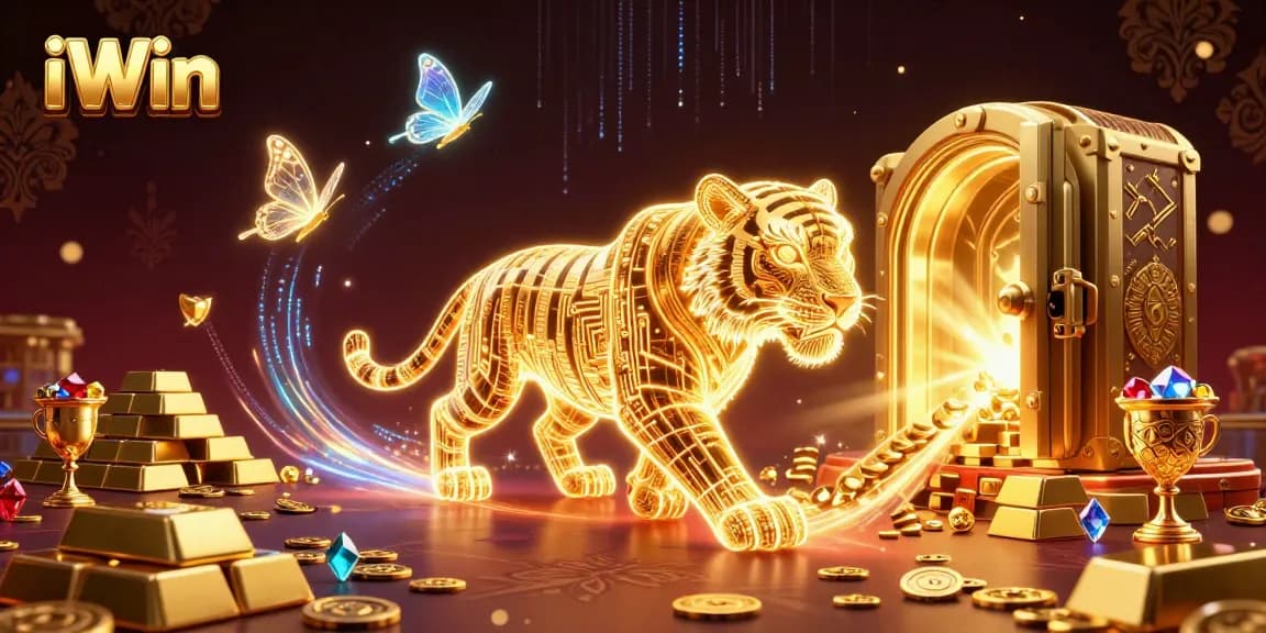iWin game scene with a golden tiger and treasure in a digital casino landscape.