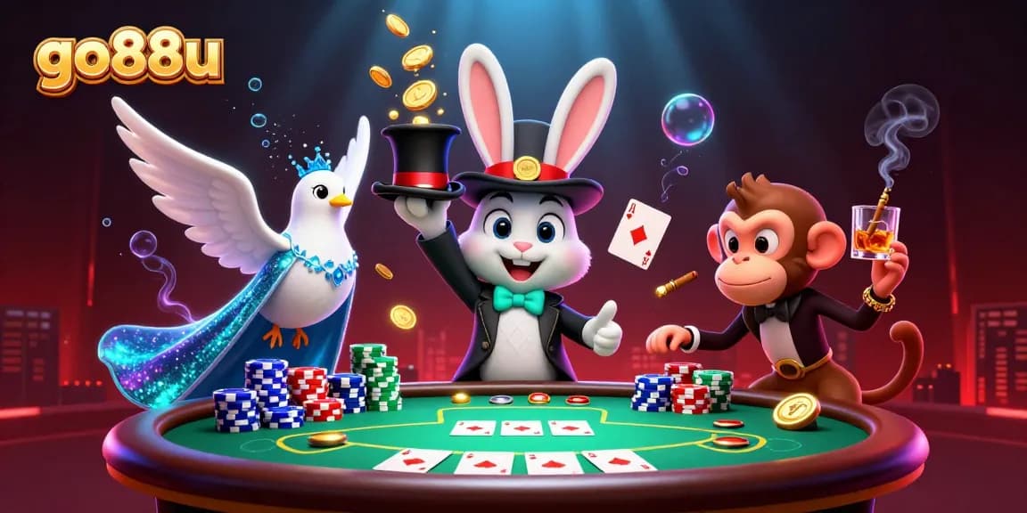 Engage in thrilling casino action at go88u with a whimsical magician rabbit and vibrant game elements.