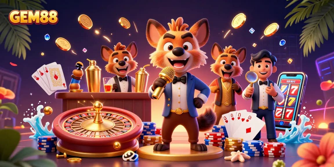 Experience the thrilling atmosphere of GEM88 casino with hyenas entertaining guests, surrounded by vibrant gaming elements.