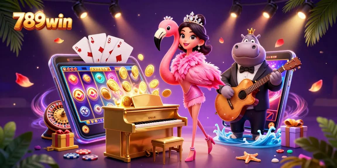 Experience 789win's vibrant casino scene featuring a singing flamingo and a hippo bassist in a lively setting.