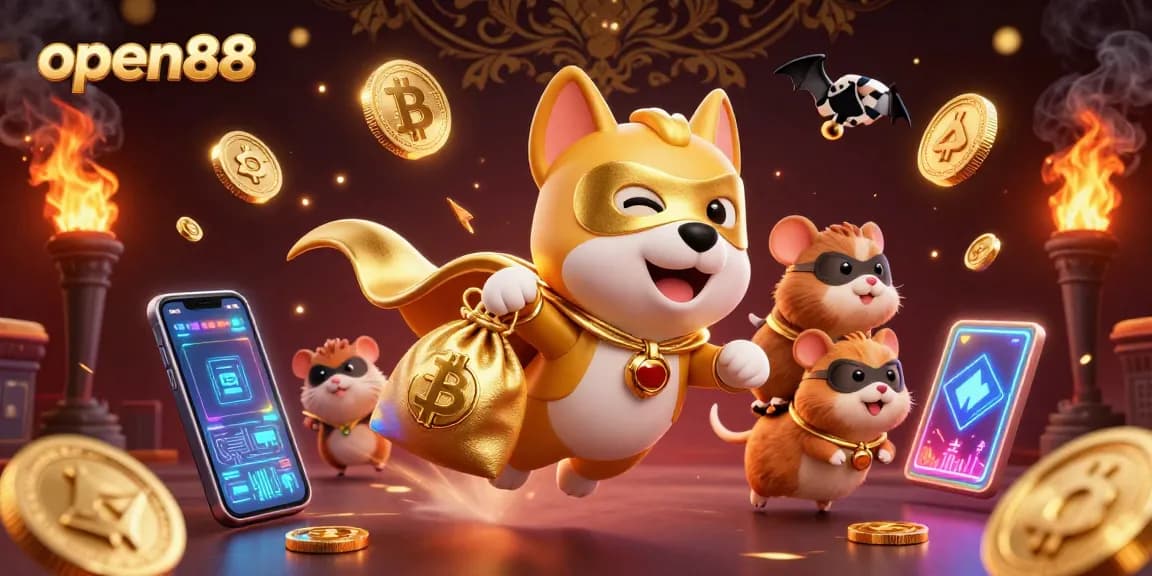 Spin to win with open88! A superhero dog and sidekick represent excitement in this vibrant casino world.
