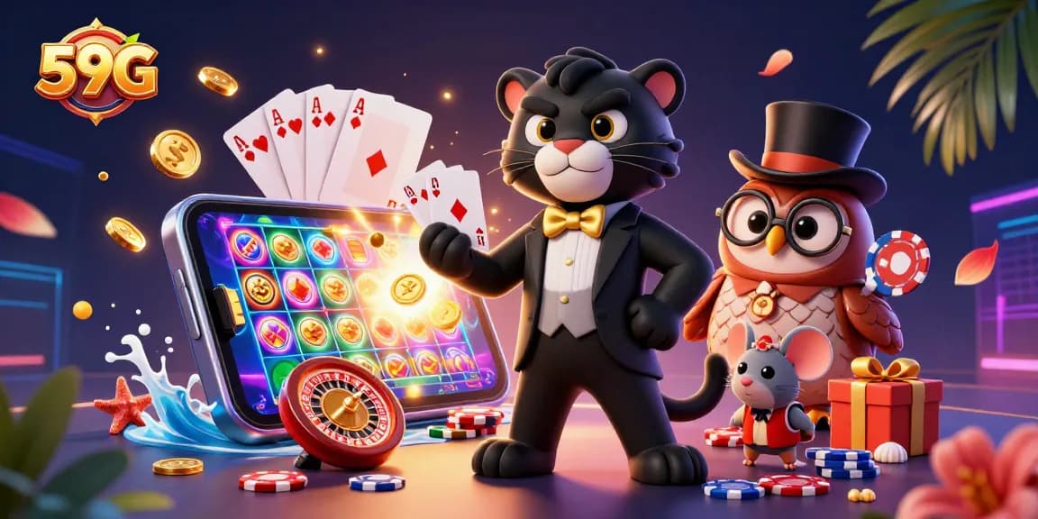Experience winning with 59G as a stylish panther deals cards in a vibrant casino scene.