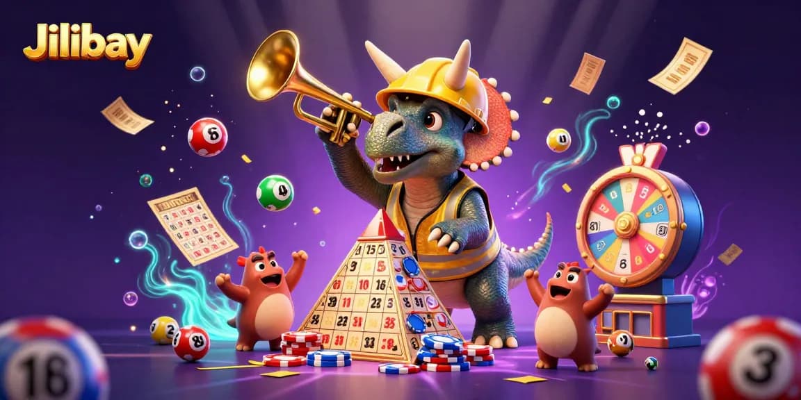 Engage in thrilling games at Jilibay, where a triceratops celebrates with vibrant lottery elements and exciting casino features!
