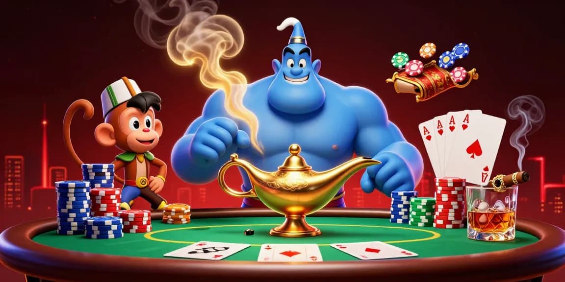 Experience excitement with rik vip in a vibrant casino illustration featuring a genie, poker chips, and more.