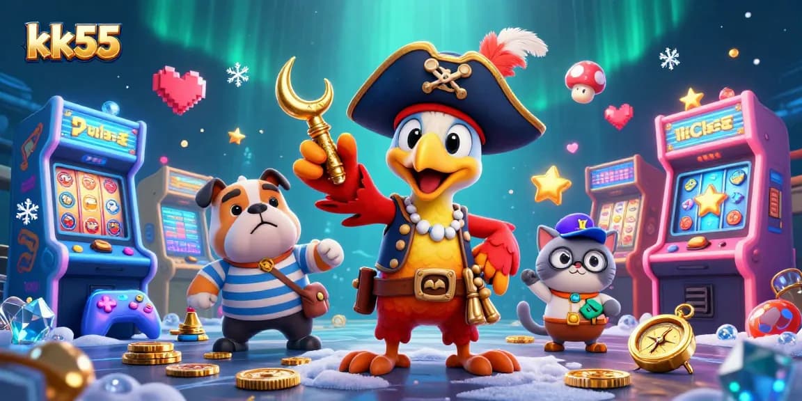 Engage with kk55's vibrant 3D casino adventure featuring pirates and gaming icons.