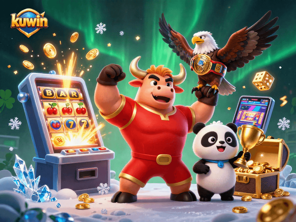 Kuwin instills excitement as the bull mascot, eagle, and panda celebrate a jackpot win in casino gaming.