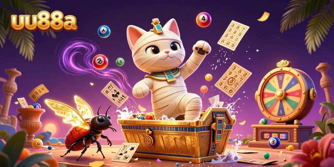 Engage with uu88a's vibrant casino scene featuring a mummy cat and golden elements for exciting gameplay.