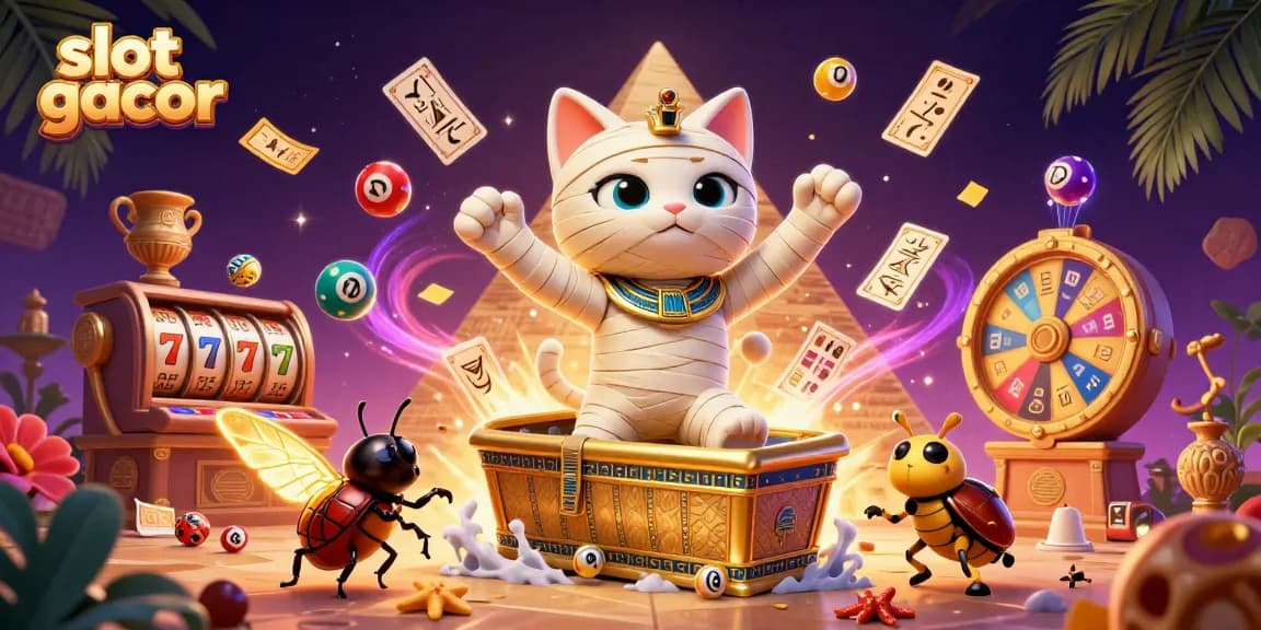 Experience the excitement of slot gacor with dynamic casino elements featuring a mummy cat and vibrant scenes.