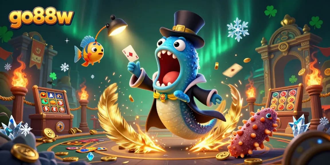 Engage with thrilling card tricks at go88w featuring an eel magician in a vibrant casino atmosphere.