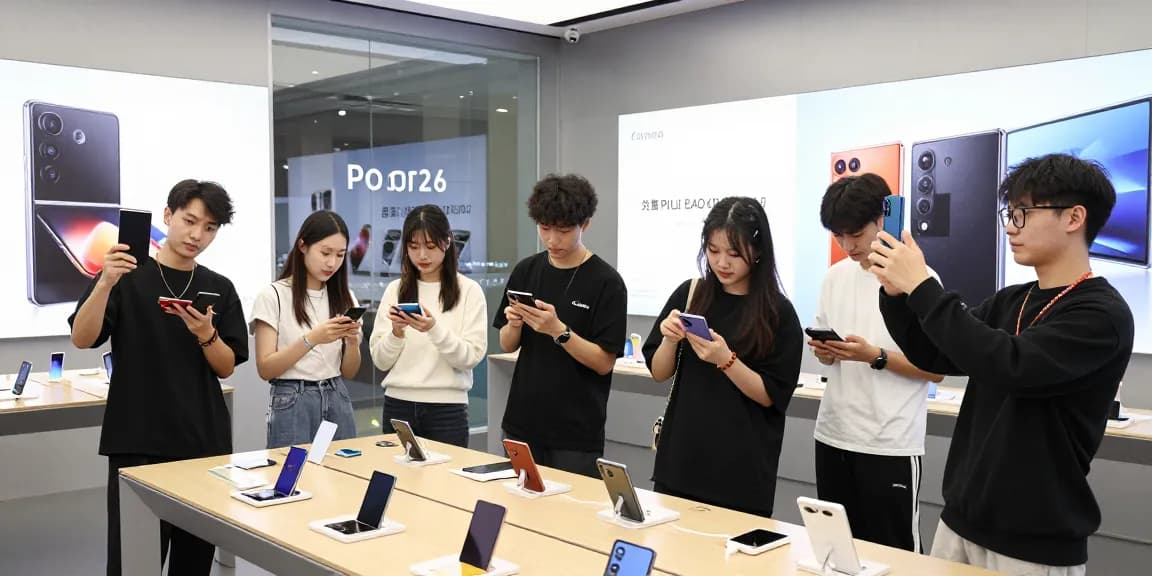 Excited young adults engaging with foldable phones 2026 in a modern tech store showcasing the latest technology.