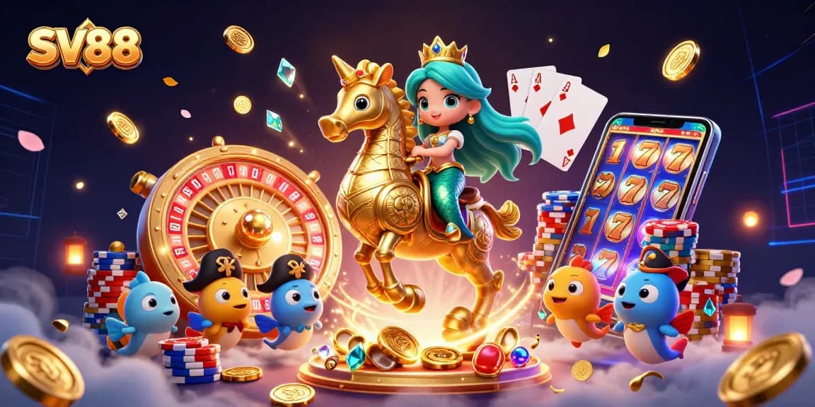 Experience the thrilling world of SV88 slots with colorful reels, vivid characters, and dynamic casino elements.
