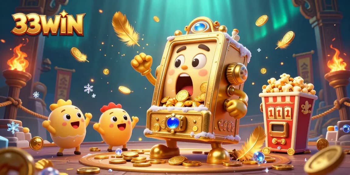 33WIN slot machine hits jackpot, coins pour out, celebrating baby machines, dynamic casino scene.