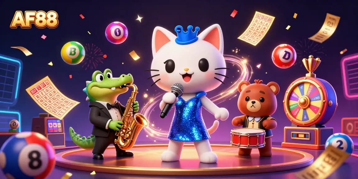 Experience the vibrant energy of AF88 with a cartoon cat singer and dynamic gaming elements.