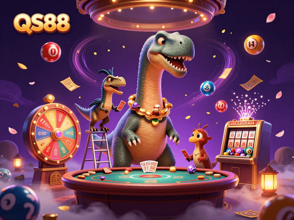 Experience QS88's vibrant gaming atmosphere with giant characters and exciting lottery elements in a dynamic casino scene.