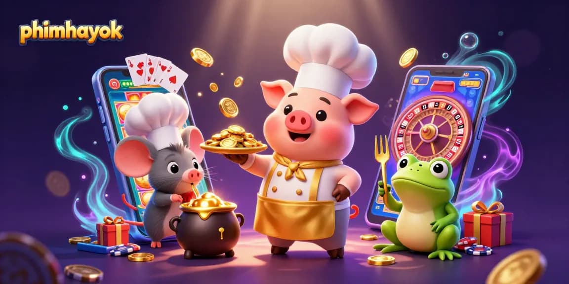 Experience gaming excitement with phimhayok as vibrant casino characters engage around a colorful slot game.