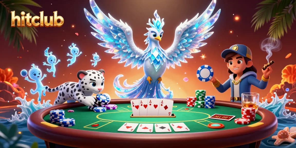 Engage with hitclub's rich 3D casino atmosphere featuring an ice phoenix, poker chip, and vibrant characters.