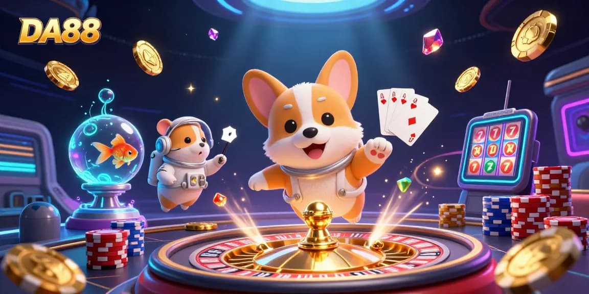 Experience the thrill of DA88 casino adventures with a lively floating astronaut corgi and goldfish.
