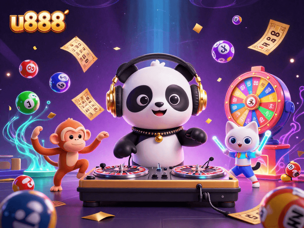 Experience thrilling entertainment with u888's vibrant gambling environment featuring a fun DJ panda and energetic characters.