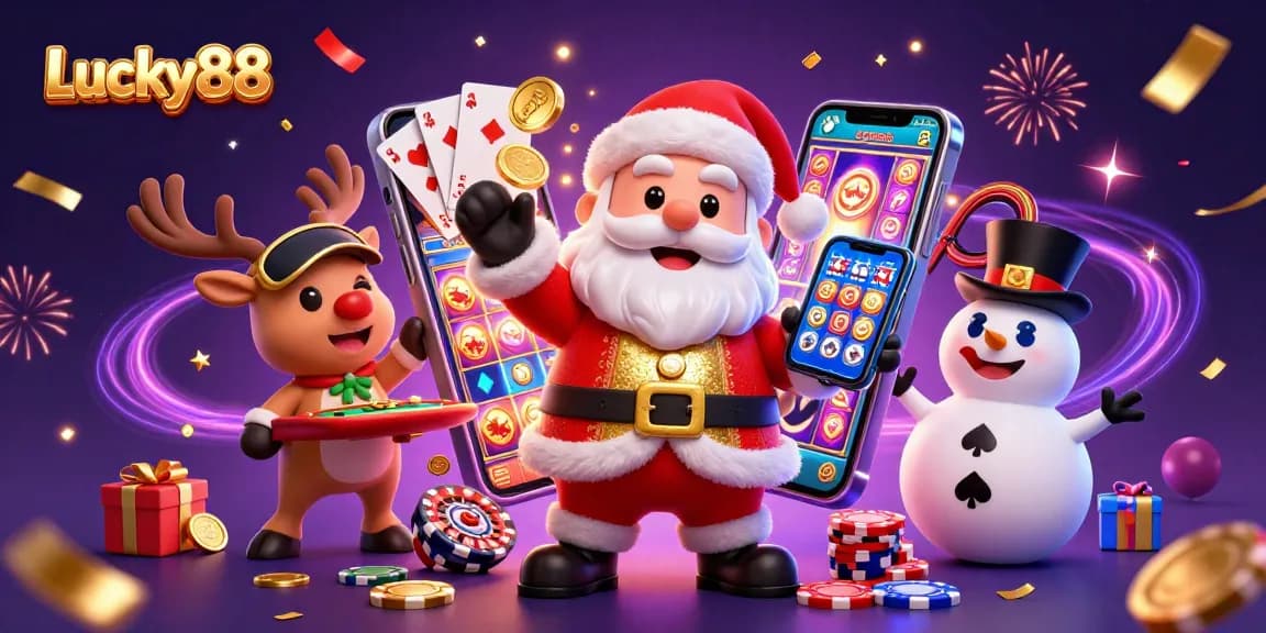 See Lucky88's festive casino illustration with Santa and friends celebrating jackpot wins!