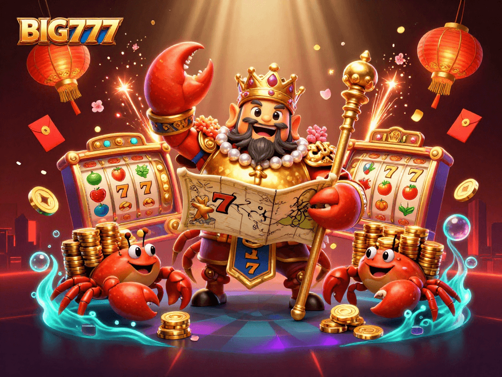 Engage with BIG777 in a vibrant casino scene featuring a golden crab emperor with treasures and slot reels.