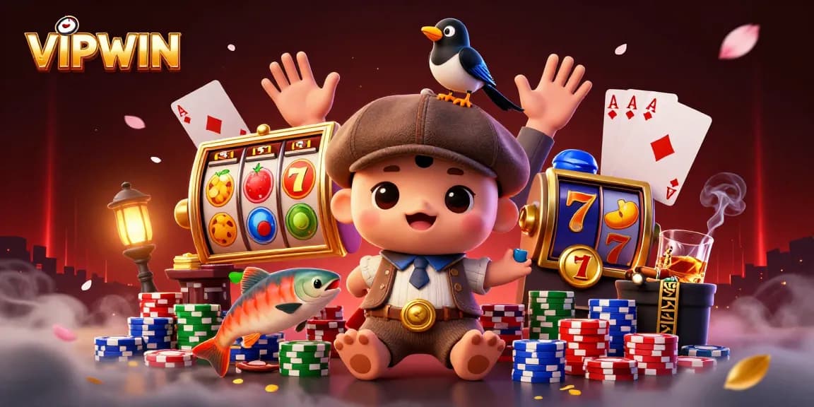 Engage with VIPWIN's thrilling slots featuring vibrant symbols and dynamic gameplay in a playful 3D illustration.