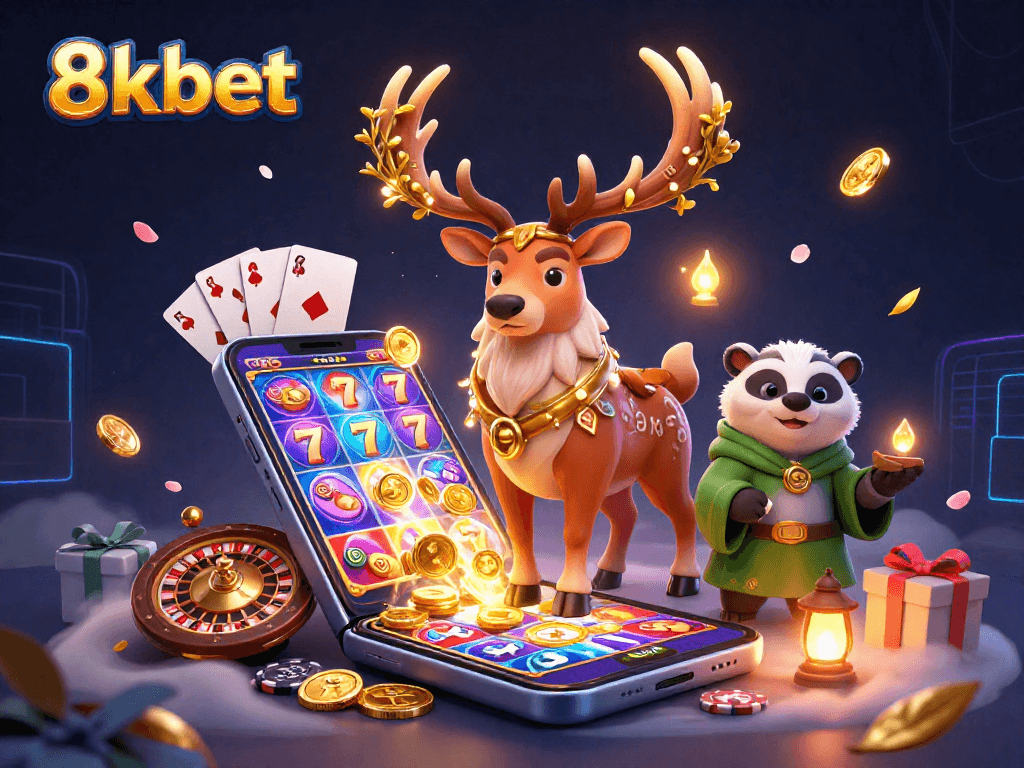 Experience 8kbet's vibrant slot games with enchanting characters in a magical 3D casino scene.